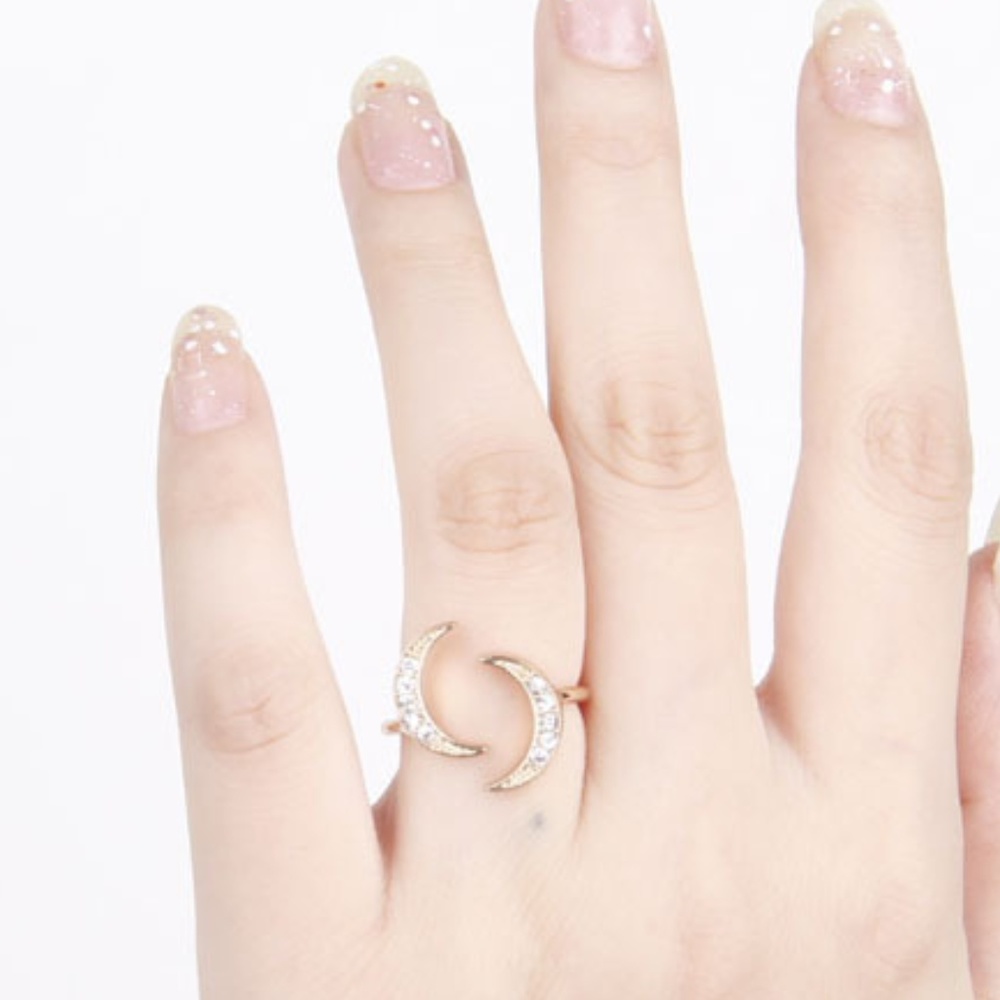 Adjustable Double Moon Gold and Crystal Ring